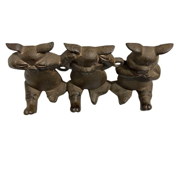 Cast Iron 3 Wise Pigs Hear See Speak No Evil Wall Hook 4" x 7" Coat Hook - Picture 2 of 4